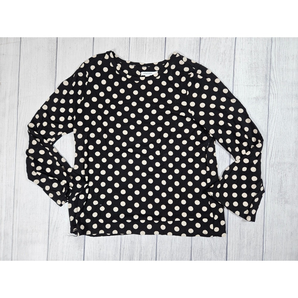 Chico's Top Women's Large Black Beige Polka Dot Long Sleeve Stretch Fun Boho